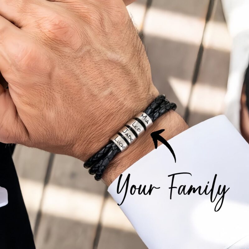 Personalized Mens Leather Bracelet with Custom Beads, Customized Braid Leather Bracelet Engraved with Names for Men
