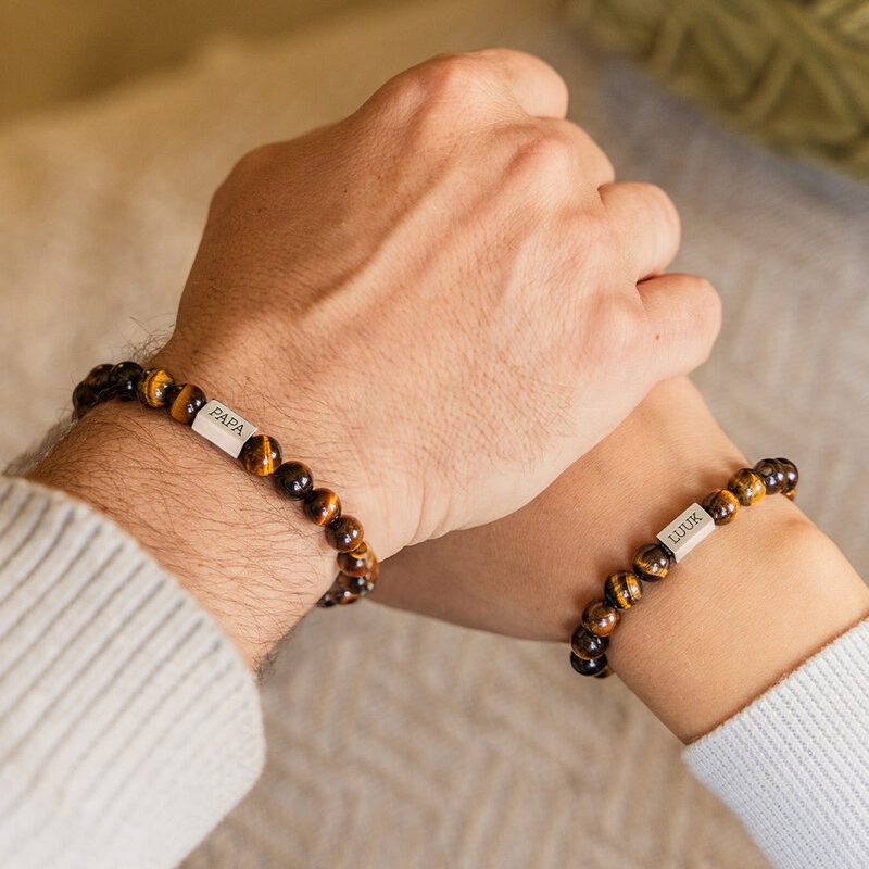 Personalized Tiger's Eye & Stainless-Steel Bracelet – Custom Name Engraved Gift for Dad