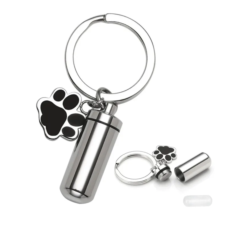 Paw Print Cylinder Urn Keychain | Stainless Steel Pet Ashes & Fur Memorial Locket