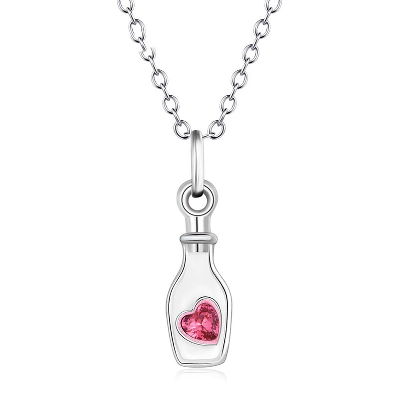 Silver Memorial Necklace – Handmade Heart-in-Bottle Pendant with Pink Gemstone