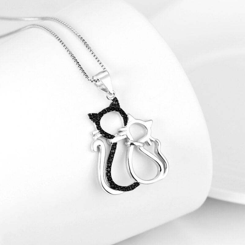 Sterling Silver Cat Necklace – Black & White Dual Cat Pendant